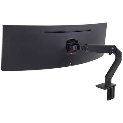 A black, curved computer monitor back, mounted on a swivel, adjustable arm attached to a desk.
