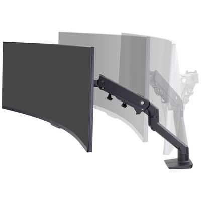 A flexible monitor arm shows three positions of a screen; the arm enables versatile positioning of the monitor.
