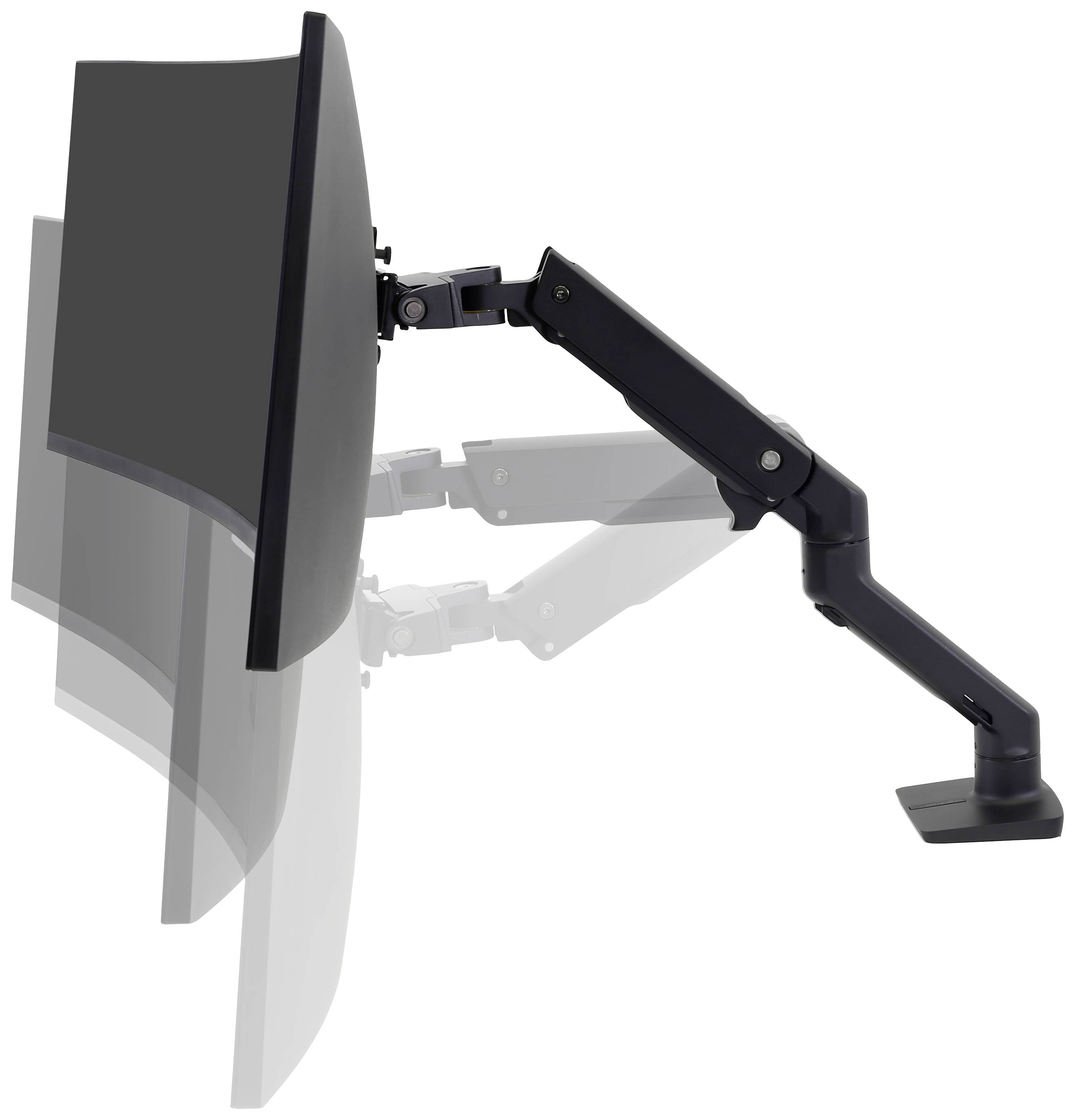 An adjustable monitor arm shows different positions of a computer screen from the side to demonstrate flexibility.