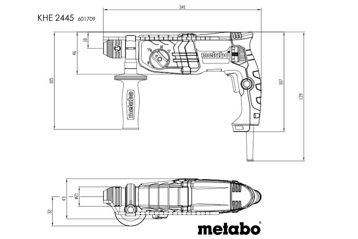 Technical drawing of a Metabo hammer drill, Model KHE 2445, with dimensions. Main view shown from the side and from above.