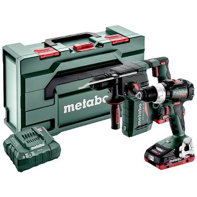 A green cordless drill set with two tools, charger and carry case by Metabo. Ideal for DIY projects.
