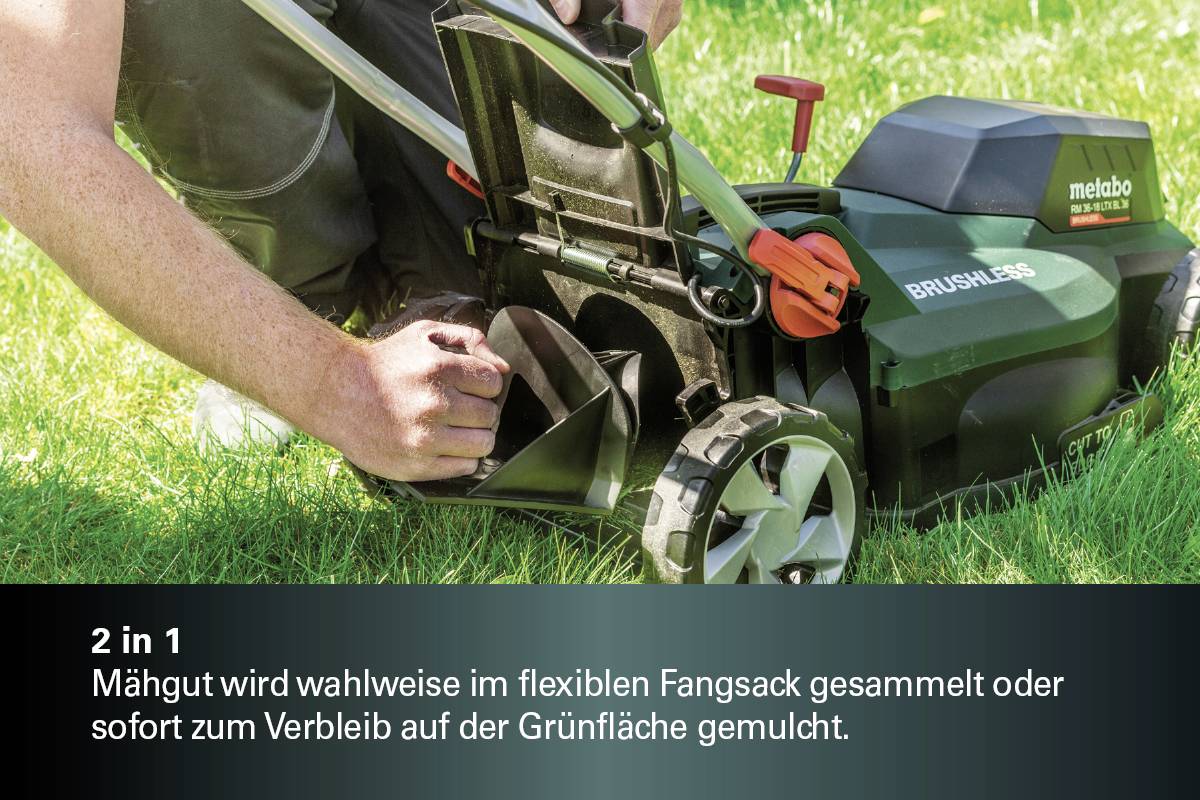 A man kneels beside a lawnmower on green grass. Text on the image describes the versatile usage options of the lawnmower.