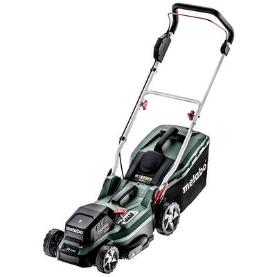 A green and black battery-powered lawnmower, with the brand visible, is suitable for mowing lawn areas in the garden.