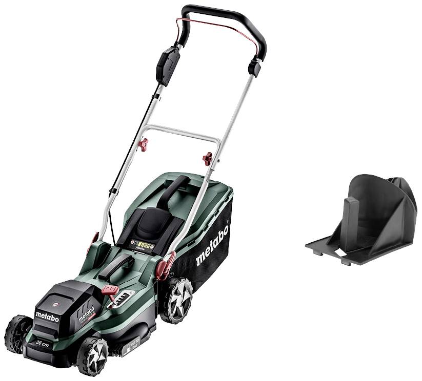 'Battery-powered lawnmower by Metabo in green with black grass collection bag. A spare holder positioned to the right.'