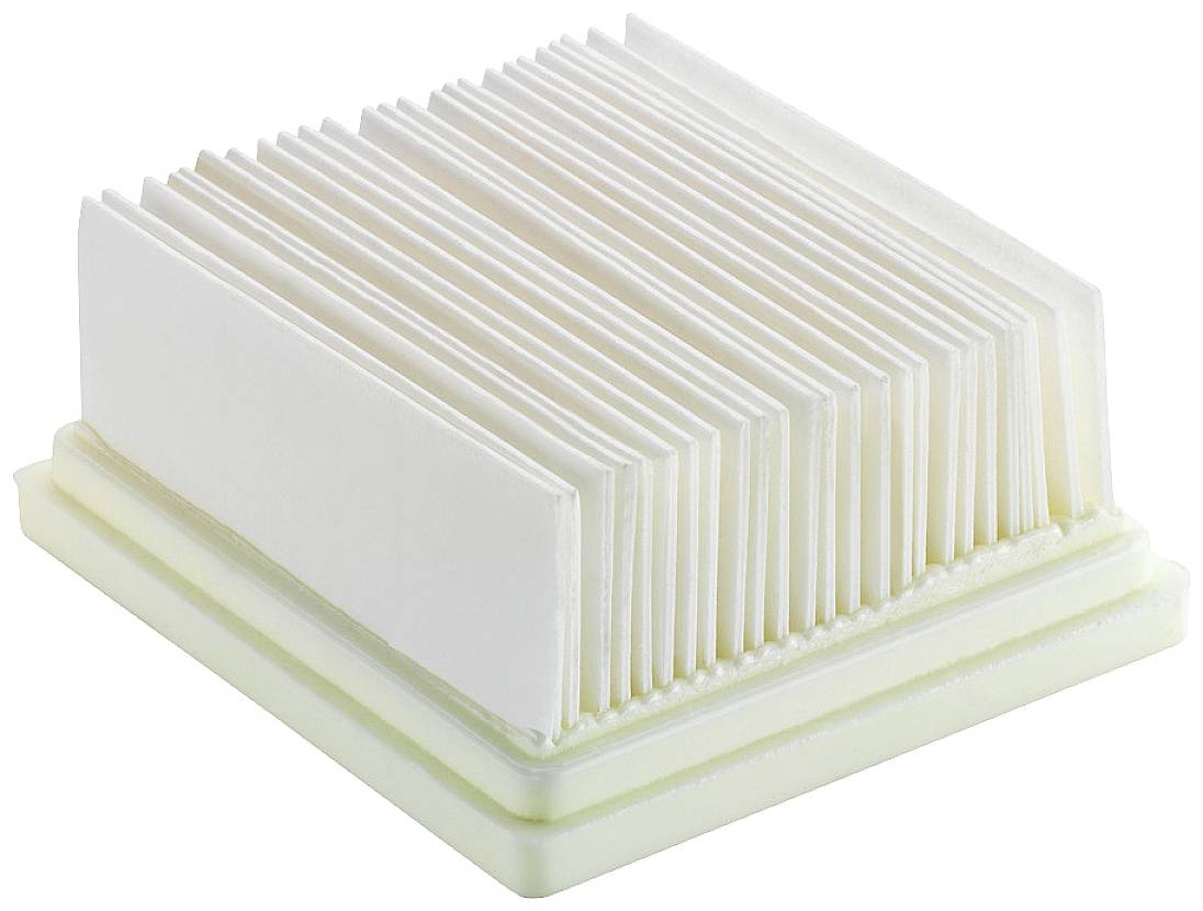 White rectangular pleated filter on a white base, commonly used in devices for air or liquid filtration.