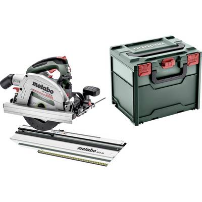 Metabo cordless circular saw with guide rail and carrying case, shown as a tool kit on a white background.