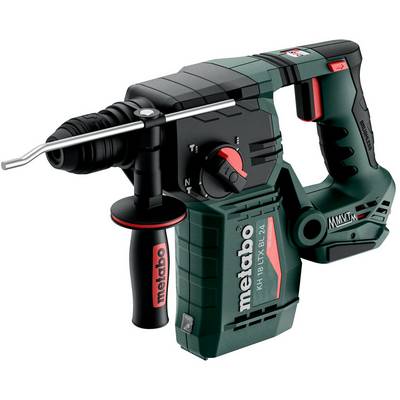 Cordless Metabo rotary hammer drill with side handle and chisel bit, shown on white background.<br>