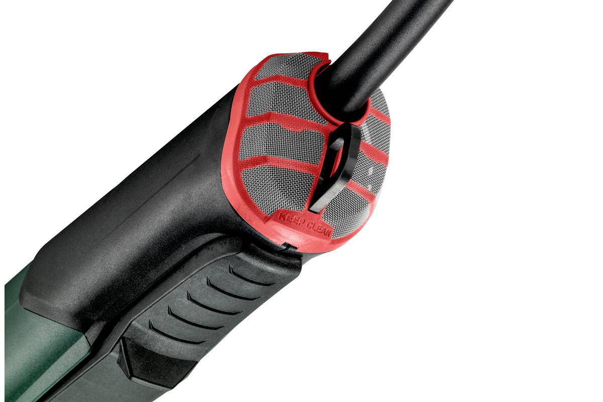 Close-up of a wired electric tool handle with ergonomic design in black and red. The handle features a textured pattern for improved grip.