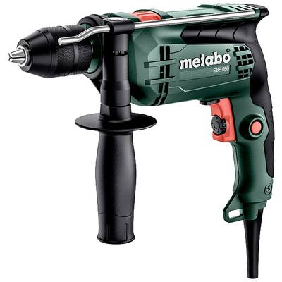 Green and black drill with additional handle, cable connection, and red switch. 'metabo SBE 650' brand name visible.