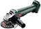 Cordless angle grinder with green casing, black handle, metal disc. Primarily used for cutting and grinding.