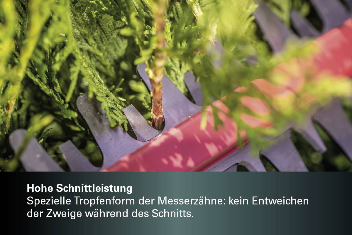 'High Cutting Performance' shows a close-up of hedge trimmer blades cutting branches. Text: 'No escaping branches during cutting.'