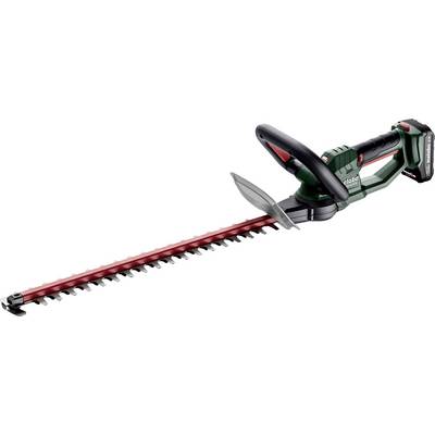 Cordless electric hedge trimmer with long red cutting blade and black handle on a white background