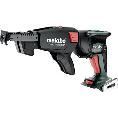Metabo cordless drywall screw gun with adjustable depth stop, magazine attachment, and battery pack on a white background.