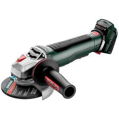 A cordless angle grinder with a green and black housing and red switch. Bearing the brand name and showing a grinding disc.