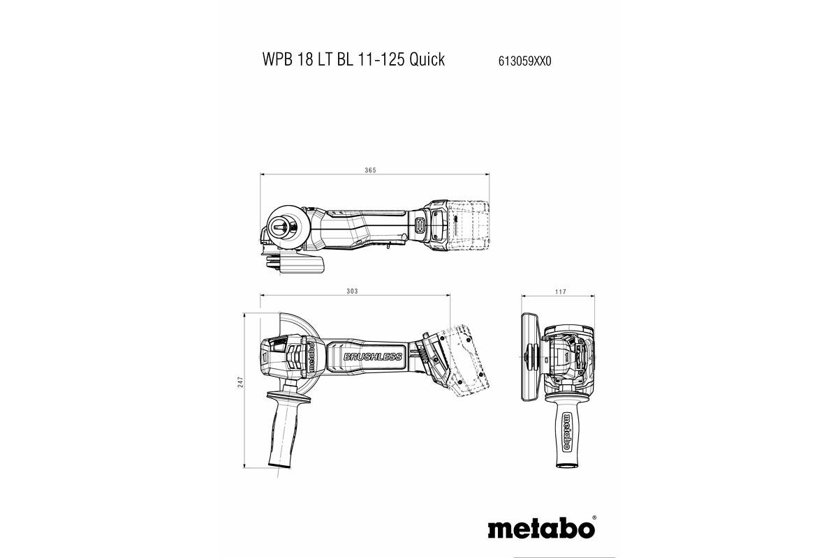 Technical drawing of a Metabo angle grinder, Model WPB 18 LT BL 11-125 Quick. Dimensions and views from the side and top.