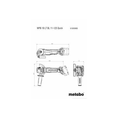 Technical drawing of a Metabo angle grinder, Model WPB 18 LT BL 11-125 Quick. Dimensions and views from the side and top.