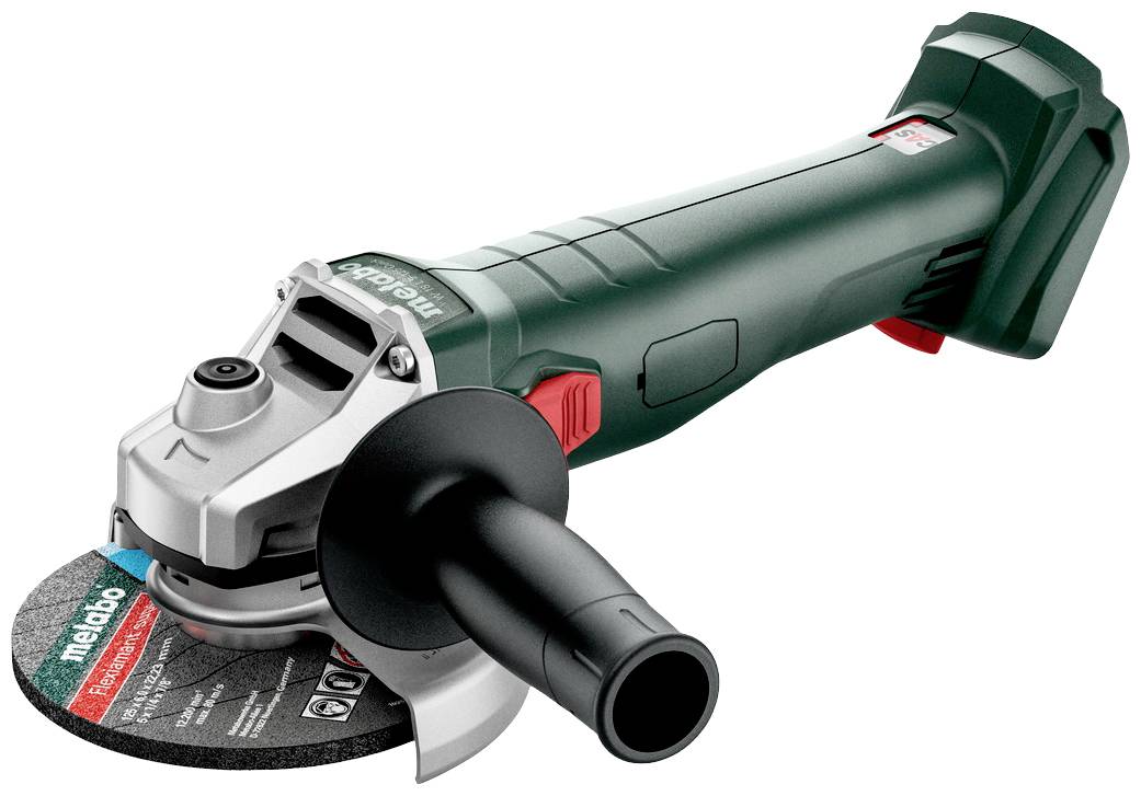 A green, cordless angle grinder with a black handle and metal disc, suitable for grinding and cutting work.