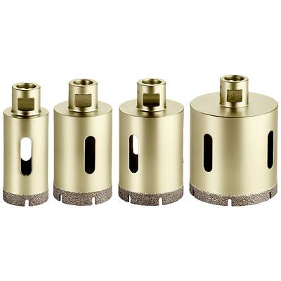 Five differently sized, golden drill crowns with diamond-edged cutting surfaces, arranged in a row. Suitable for tile processing.<br><br>Note: The translation is already in British English, so no changes were necessary.