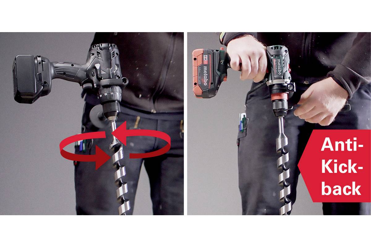 Battery-powered drill with safety function: When rotating left, the drill bit moves uncontrollably, while the anti-kickback mechanism stabilises the drill when rotating right.