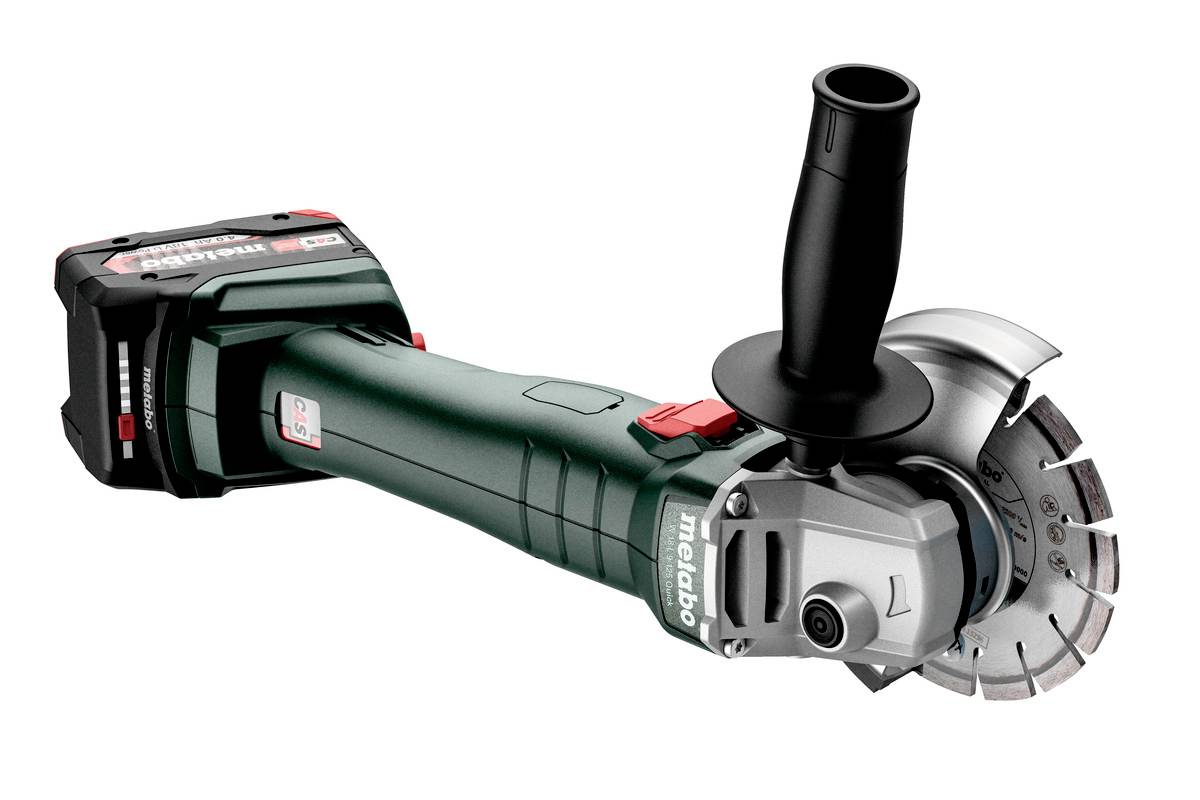 Cordless angle grinder with green casing and black handle. Battery-powered, suitable for cutting and grinding work.