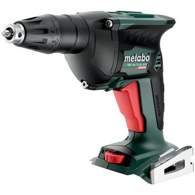 Metabo cordless drill/driver with chuck, red trigger, and battery base on a white background.