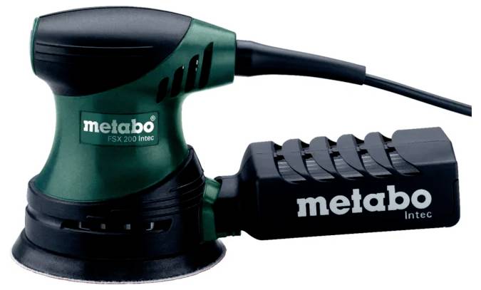 A green Metabo FSX 200 Intec electric hand sander with a dust collection unit attached, designed for smoothing surfaces.