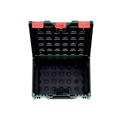 A open, empty, square toolbox in dark green with red latches.