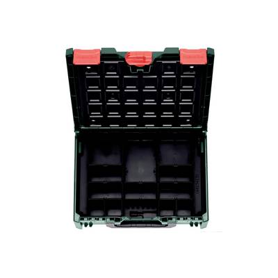 An open, empty toolbox with multiple compartments, green with red latches.