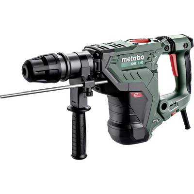 Green Metabo KHE 5-40 rotary hammer drill with auxiliary handle and side rod on a white background.