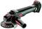 Metabo angle grinder, green and black, with side handle and grinding disc.