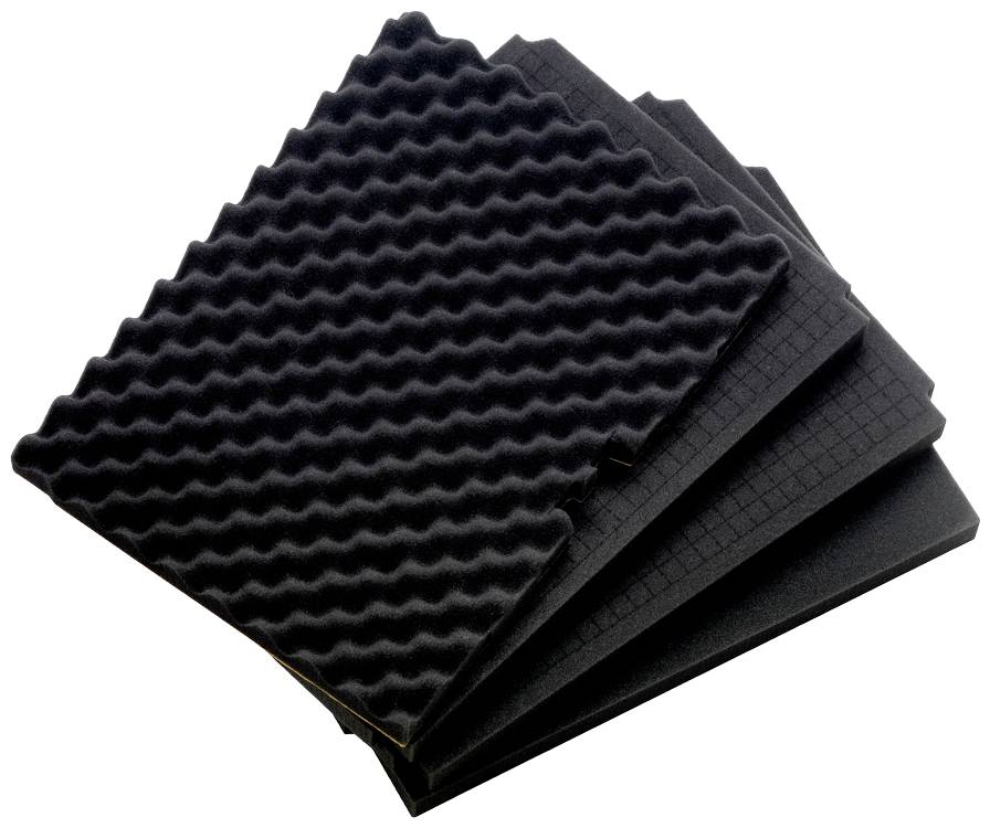 Black acoustic panels stacked in various textures; they are used for sound insulation in rooms.