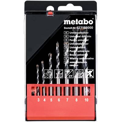 Metabo universal drill bit set in a black-and-red display package, showing assorted drill bits labeled 3, 4, 5, 6, 7, 8, and 10 mm.