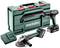 A green Metabo tool case containing a cordless drill, an angle grinder, and a charger, all designed in green and red.