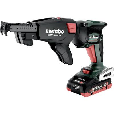 Metabo cordless drywall screw gun with screw magazine attachment and lithium-ion battery, shown on a white background.