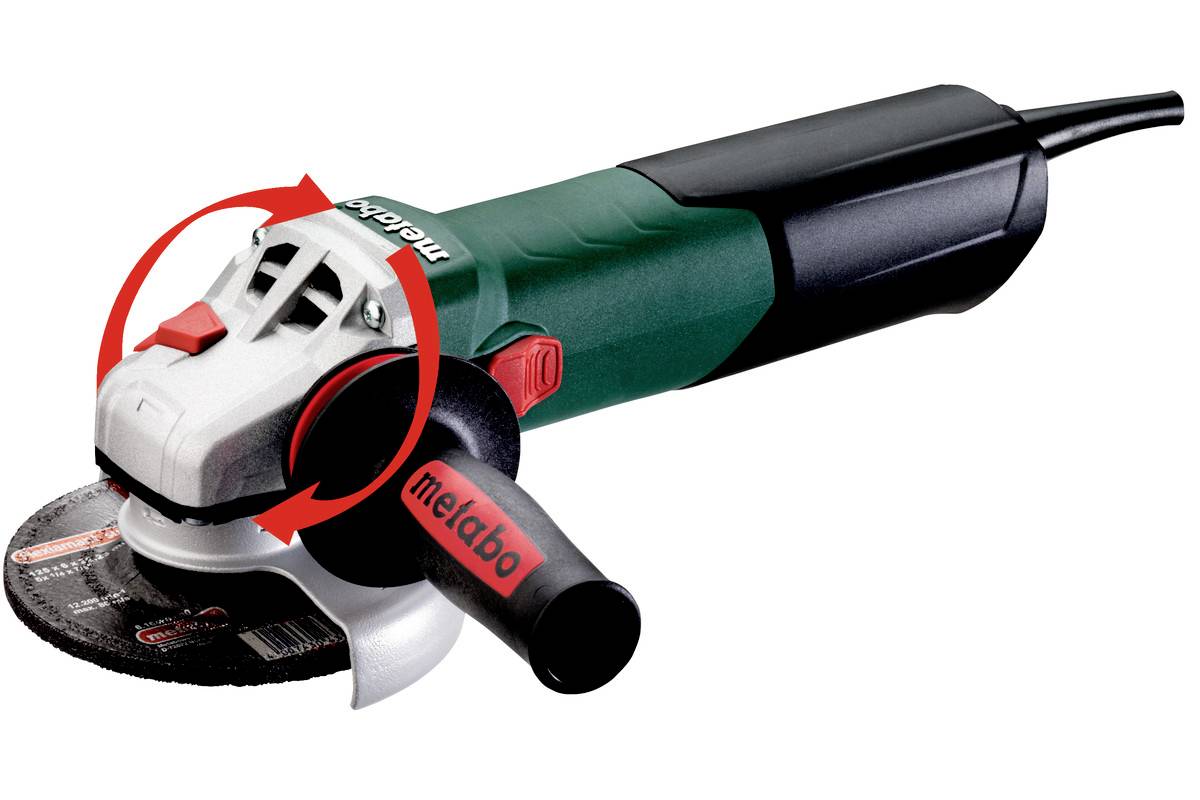 An angle grinder with a red arrow indicating movement. The handle displays the 'metabo' logo. The tool is designed for grinding work.