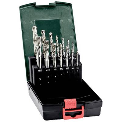 An open case containing nine metal drill bits in various sizes, ranging from M3 to M12, neatly arranged in a custom foam insert.