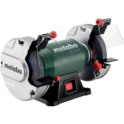 Metabo DS 150 M bench grinder with two grinding wheels, safety guards, tool rests, and red power switch on a black base.<br>