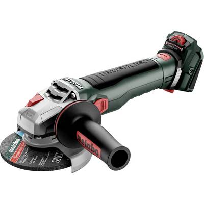 Cordless Metabo angle grinder with side handle and cutting disc, shown on a white background.<br>
