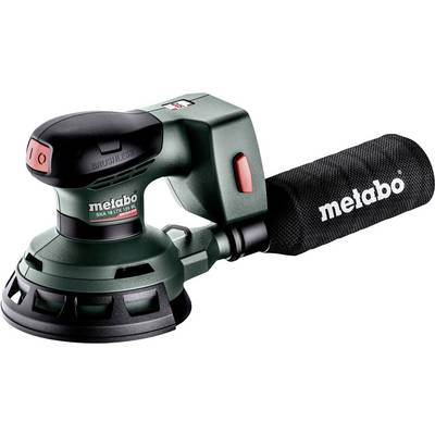 Cordless Metabo random orbital sander with dust bag and black sanding base on a white background.