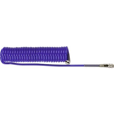 Coiled blue hose with metal fittings, extending horizontally to the right, shown on a white background.