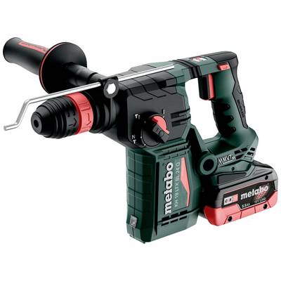 Metabo cordless hammer drill with battery, handle and chisel. Colours: black, green, red. Perfect for construction work and DIY projects.