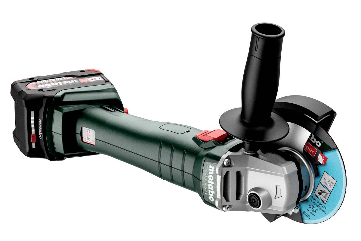 Cordless angle grinder with a green housing, black handle, and blue grinding disc. Battery mounted on top.