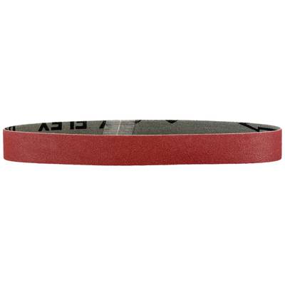 A red abrasive sanding belt shown rolled into a loop on a white background.