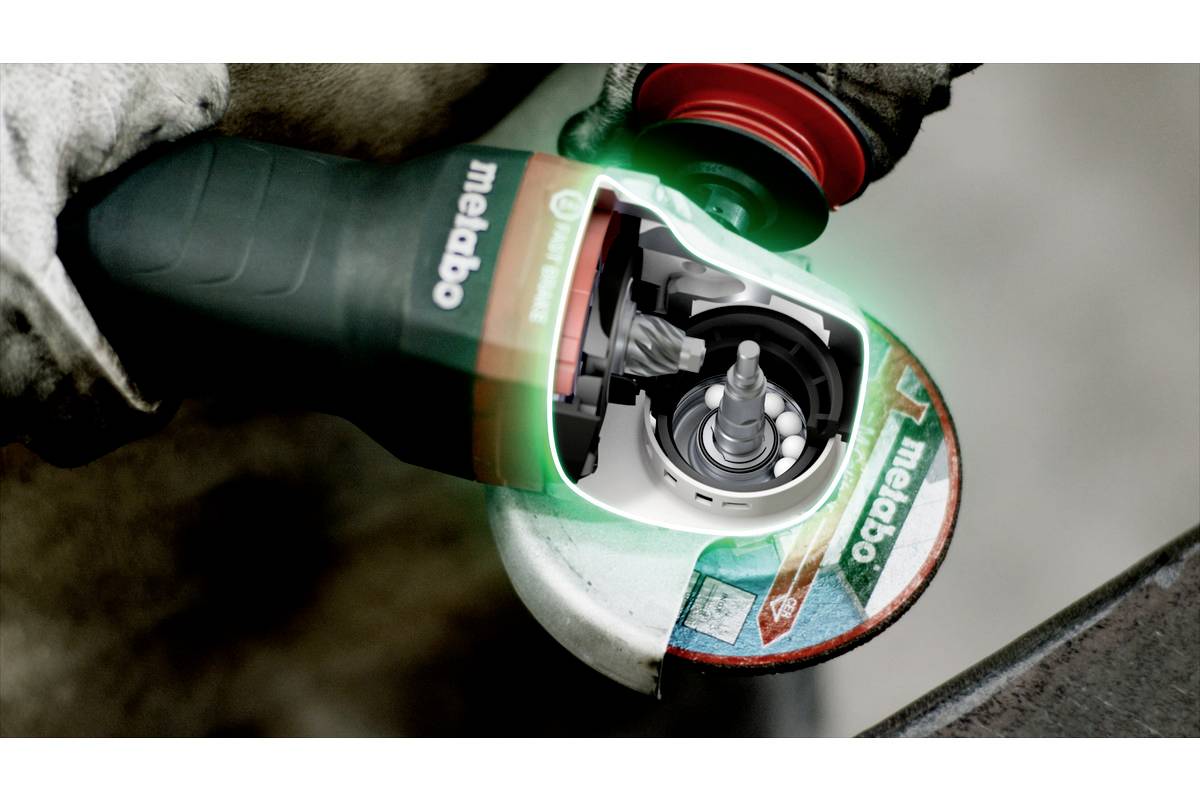 A Metabo angle grinder is shown at work, with focus on the exposed motor area and a glowing marking.