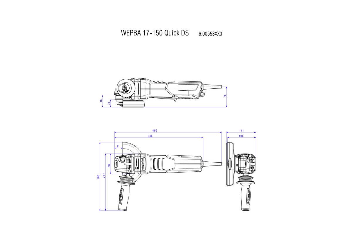 The figure shows technical drawings of an angle grinder, Model WEPBA 17-150 Quick DS, with dimensions and views from above and the side.