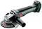Battery-powered angle grinder with Metabo logo, green and black housing and disc, suitable for grinding and cutting.