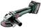 A battery-powered angle grinder with an ergonomic handle and Metabo logo, ideal for grinding and cutting work.