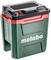 An industrial vacuum cleaner in green and red with the 'metabo' brand name, identifiable by its control buttons and ventilation slots on the top.