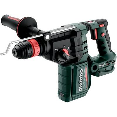 Cordless Metabo rotary hammer drill with side handle and depth stop, shown on a white background.<br>