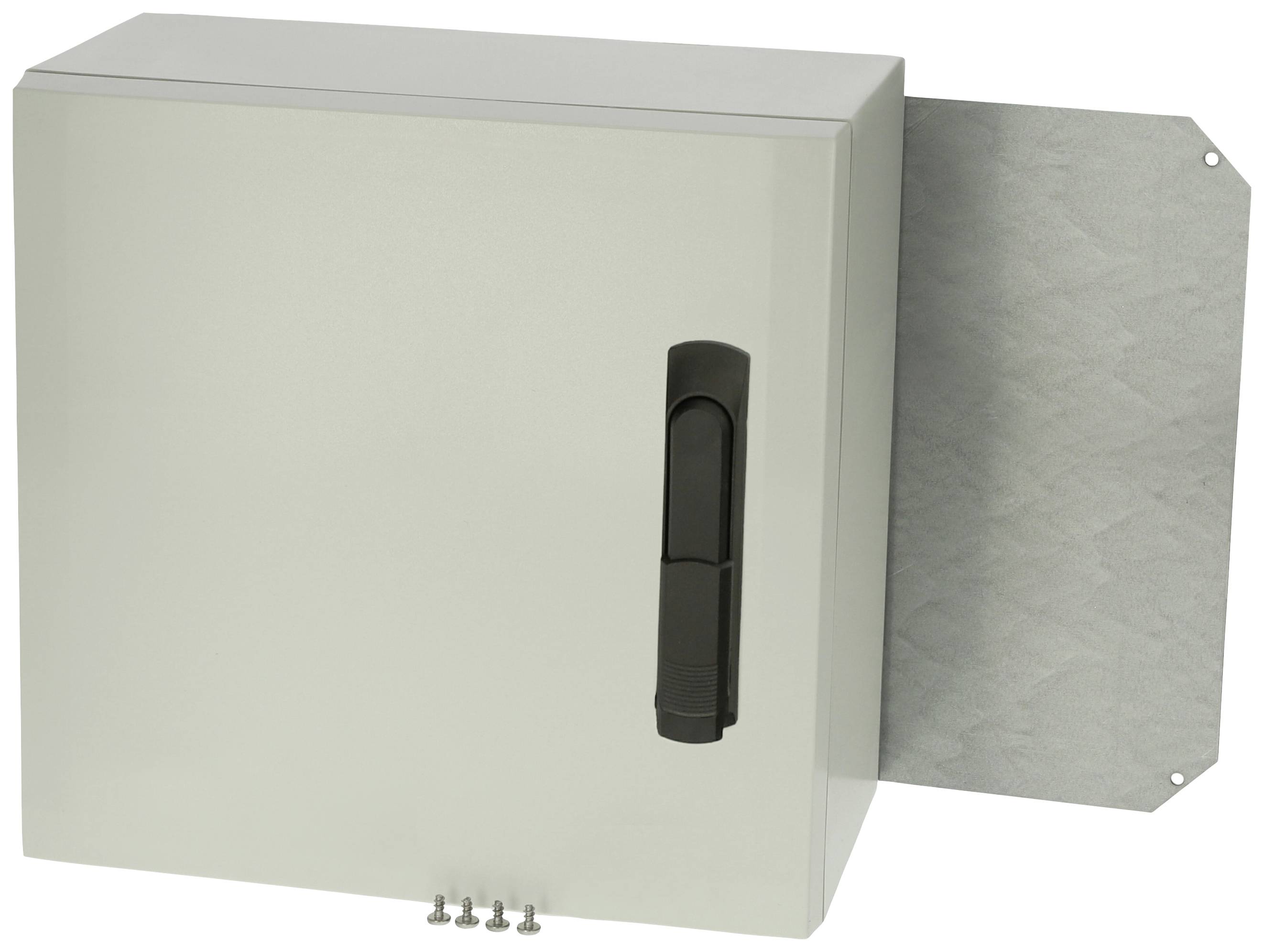 Silver-grey metal cabinet with a black handle and side mounting plate. Suitable for industrial applications.